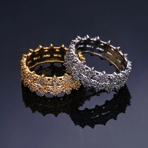 Hip hop style 8mm iced out zircon rings in gold and silver finish with spiked gear edges