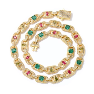 Collier hip hop doré 8mm avec pierres précieuses colorées et zircons cubiques blancs