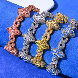 Hip hop clover Cuban bracelet with micro-pasted zircons in gold, silver, and rose gold