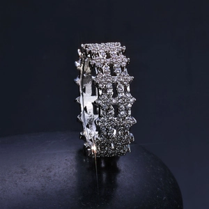 8mm silver hip-hop ring featuring sparkling pavé zircon stones and floral textures