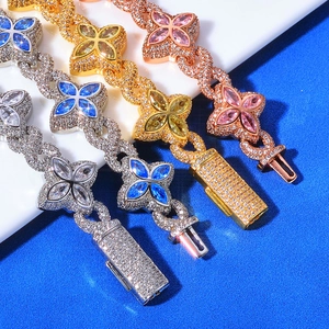 Hip hop clover cuban chain bracelet set with colorful cubic zirconia in multi-tone metal