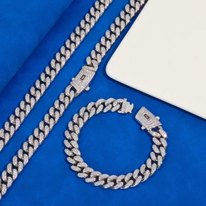 Set collana e bracciale a catena cubana argento con doppia fila di pietre zirconi