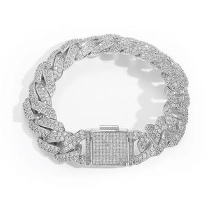 Detailed close-up of 15mm silver Cuban link bracelet with double row pavé zircon stones