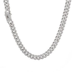 Collana a catena Cuban Link argento 12mm con doppia fila di zirconi incastonati