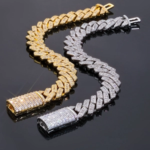 14mm hip hop Cuban link bracelets in gold and silver finish with pavé moissanite stones
