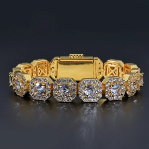 Bracelet hip hop doré 12mm avec zircons carrés octogonaux et maillons style glacé