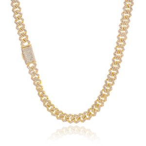 14mm golden hip hop Cuban link necklace with iced out baguette cubic zirconia