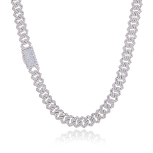 Detailed view of silver Cuban link necklace with pavé set cubic zirconia diamonds