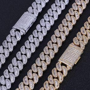 Catena Cuban Link 12mm con pietre baguette in oro e argento in stile hip-hop di lusso