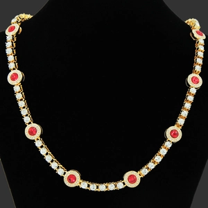 Set Collana e Bracciale a Maglia Cubana Hip Hop Iced Out Con Pietra Rossa Rotonda Oro Argento Lega Strass Gioielli