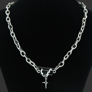 Unisex Gothic Punk Stainless Steel Layered Chain Necklace And Bracelet With Black Gemstone Cross Star Pendant Industrial Style Jewelry