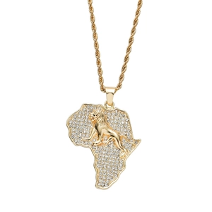 Hip Hop Goldener Löwenanhänger auf Afrika Karte mit Strasssteinen und Kette