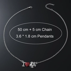 Silver sports necklace with red heart, football pendant and I love soccer engraving