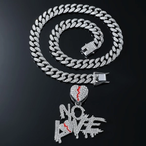 Collana cubana hip hop argento con ciondolo cuore infranto NO LOVE ghiacciato uomo