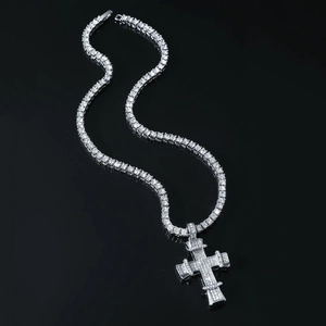 Collar con Colgante de Cruz de Plata Hip Hop para Hombre Con Cadena de Tenis Incrustada de Diamantes Joyería de Moda