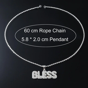 Collier hip hop argenté avec pendentif lettres BLESS serti de cristaux et chaîne corde