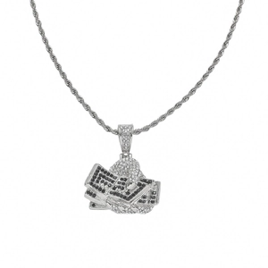 Collana hip hop con catena a corda argento e pendente a forma di mano con soldi e diamanti