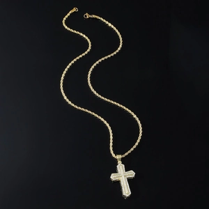 Hip Hop Iced Out Cross Pendant Necklace Men Gold Plated Alloy Stainless Steel Rope Chain Rhinestone Inlaid Jewelry Gift