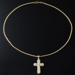 Hip hop gold plated cross pendant necklace with white diamonds on rope chain for men