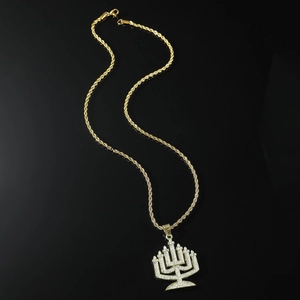 Iced out gold Men's hip hop rope chain with a crystal encrusted Menorah pendant