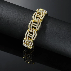 Iced out gold hip hop Cuban chain bracelet with paved zircon diamonds on black leather
