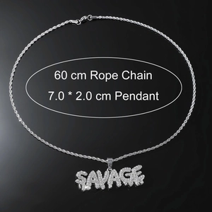 Collier hip hop avec pendentif lettres SAVAGE serti de strass et chaîne torsadée de 60cm