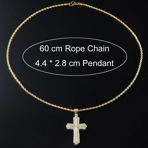 Hip hop gold plated cross pendant necklace with iced out crystals and 60cm rope chain