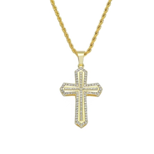Hip hop gold cross pendant necklace with sparkling zircons and a matching rope chain