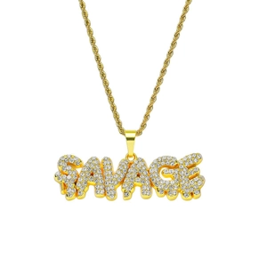 Collier Pendentif Lettre Savage Hip Hop Pendentif en Alliage avec Strass Iced Out et Chaîne Corde en Acier Inoxydable