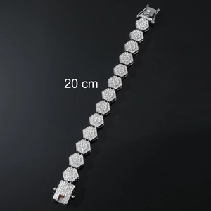 Detail of 20cm silver hip hop bracelet with hexagon links and full pavé zircon stones