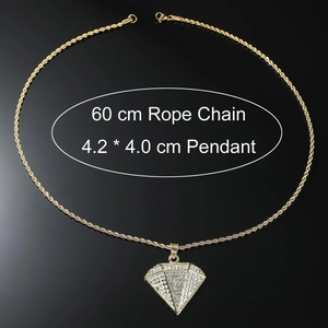 Detail of 60cm rope chain and iced out triangular diamond shape pendant for hip-hop necklace