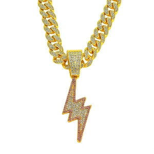Iced out cuban link necklace with pink and white lightning bolt pendant for hip hop style