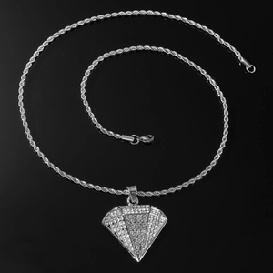 Close-up of hip hop rope chain necklace with silver diamond-shaped iced out pendant
