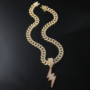 Iced Out Lightning Bolt Pendant Necklace Alloy Rhinestone Hip Hop Cuban Link Chain For Men Streetwear Jewelry Accessories