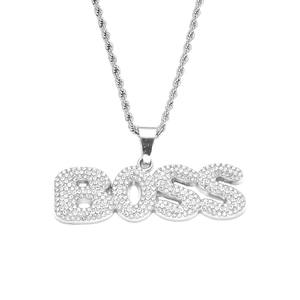 Macro detail of silver BOSS pendant necklace with micro pave cubic zirconia stones