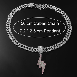Hip hop lightning bolt pendant with sparkling zircons on 50cm Cuban link chain necklace