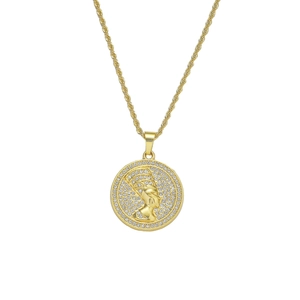 Collier Pendentif Portrait Néfertiti Hip Hop Chaîne Torsadée en Acier Inoxydable Vintage Médaillon Circulaire en Alliage Strass