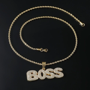 Hip-hop style gold rope chain necklace with iced out BOSS letter pendant and crystals