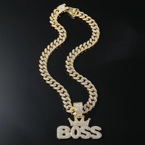 Hip Hop Men Boss Crown Pendant Necklace Iced Out Rhinestone Alloy Cuban Link Chain Gold Silver Jewelry For Party Street