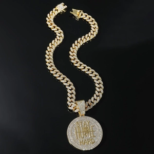 Hip Hop Men Zinc Alloy Rhinestone Round Pendant Necklace STAY HUMBLE HUSTLE HARD Letter Design With Cuban Link Chain Streetwear Jewelry