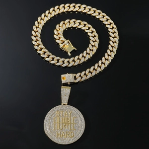 Gold plated hip hop necklace with STAY HUMBLE HUSTLE HARD iced out pendant