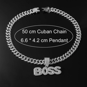 Collier hip hop homme avec pendentif BOSS serti de cristaux et chaîne cubaine 50cm