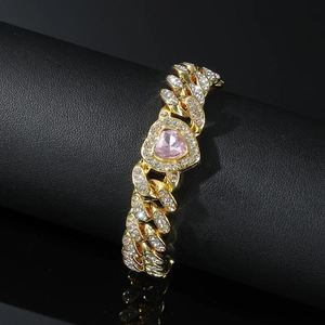 Golden hip hop Cuban link bracelet with iced-out pink heart crystal and pave-set diamonds