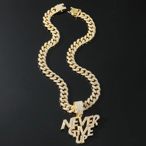 Hip Hop Iced Out Never Give Up Letter Pendant Necklace Zinc Alloy Rhinestone Cuban Link Chain Jewelry For Men