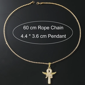 Detailed view of iced-out winged Ankh pendant with dimensions 4.4 x 3.6 cm and 60cm rope chain