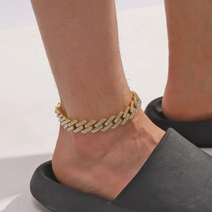 Hip hop gold plated Cuban link anklet for men featuring iced out rhinestones on the ankle