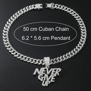Hip hop silver plated Cuban chain with NEVER GIVE UP iced out letter pendant 50cm