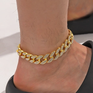 Cavigliera Cuban Link dorata con cristalli scintillanti per moda hip-hop da uomo