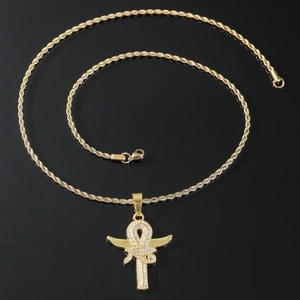 Hip hop gold Ankh cross pendant necklace with wings and snake in iced out stones