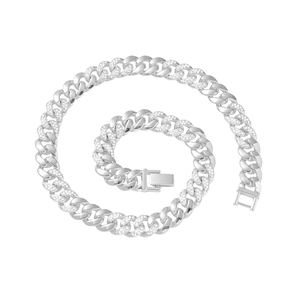 Collana a catena cubana argento hip-hop con maglie piatte impreziosite da strass